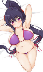 /// 1girls akeno_himejima arm_behind_back arm_behind_head armpits bangs bed bedsheets bent_knees bikini blush breasts breasts_apart cartoony cleavage erect_nipples erect_nipples_under_clothes female female_only full_body hair_between_eyes hair_ornament hair_ribbon high_school_dxd high_school_dxd_hero hinata_masaki humanoid indigo_hair large_breasts long_hair looking_at_viewer magenta_eyes navel nipples on_back on_bed ponytail purple_bikini red_ribbon ribbon side-tie_bikini smile smooth_skin solo swimsuit thick_thighs tied_hair very_long_hair viewed_from_above