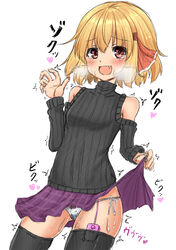 bangs bare_shoulders black_legwear black_sweater blonde_hair blush bow bow_panties breasts breath clothed_masturbation clothing controller cowboy_shot eyebrows_visible_through_hair female hair_ornament hands_up happy heart heart_in_eyes heavy_breathing highres japanese_text lifted_by_self long_sleeves looking_at_viewer masturbation miniskirt oerba_yun_fang open_mouth panties plaid plaid_skirt pleated_skirt purple_skirt pussy_juice red_eyes remote_control remote_control_vibrator rumia scarlet_mirin shiny shiny_hair short_hair side-tie_panties simple_background skindentation skirt skirt_lift small_breasts smile solo spoken_heart standing stockings sweat sweater tears thighhighs touhou translation_request trembling turtleneck underwear vibrator vibrator_bulge vibrator_cord vibrator_in_thighhighs vibrator_under_clothes vibrator_under_panties waving white_background white_panties