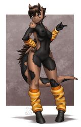 2018 5_fingers absurdres anthro biped black_markings breasts brown_eyes brown_hair dinosaur equine fan_character female furry hand_on_hip heart highres hooves horse hybrid leg_warmers long_tail looking_at_viewer mammal markings my_little_pony mykegreywolf nessy_(kungfury) nipples nude pony pussy short_hair simple_background sleeves smile solo standing thick_tail thin_waist