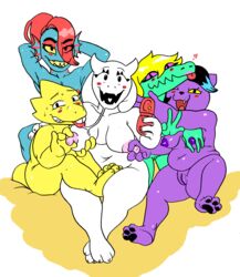 2018 3_toes 4_fingers alphys anthro bedroom_eyes blonde_hair blue_skin bratty_(undertale) breast_grab breasts buckteeth caprine catty_(undertale) cellphone crocodilian cruelpastry drooling fangs feline female fish fur gesture goat green_skin grin group hair half-closed_eyes hand_on_breast hands_behind_head heart hi_res horn looking_at_viewer mammal marine mature_female navel nipple_grab nipples open_mouth paws phone playful pose purple_fur purple_sclera red_hair reptile saliva scalie seductive selfie simple_background slightly_chubby smile sweat teeth toes toriel traditional_media_(artwork) undertale undyne v video_games white_fur yellow_sclera yellow_skin yuri