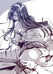 1boy admiral_(kantai_collection) ass ass_grab bangs black_hair blush bottomless closed_eyes dated desk female glasses gloves hairband highres implied_sex kantai_collection kobayashi_chisato leaning leaning_on_object long_hair looking_back monochrome necktie no_panties ooyodo_(kantai_collection) open_mouth ribbon school_uniform semi-rimless_eyewear serafuku sidelocks signature skirt skirt_lift straight sweat thighhighs