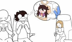 animated ass blowjob blush brown_hair eyebrows fellatio jaiden jaiden_animations long_hair mob_face pants penis redmatzoo shirt smile youtube youtuber