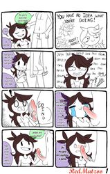 ass belly blush brown_hair comic eyebrows jaiden jaiden_animations long_hair open_mouth pants penis redmatzoo stomach text unseen_male_face youtube youtuber