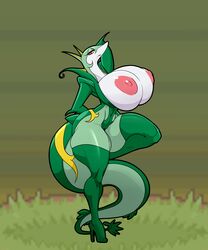 1girls anthro areolae ber00 big_tail breasts female female_only green_skin half-closed_eyes high_heels huge_ass huge_breasts looking_at_viewer nintendo nipples nude pokemon pokemon_bw pussy red_eyes scalie serperior solo standing tail thick_thighs white_skin wide_hips yellow_skin