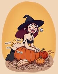 1futa bent_over big_breasts bottomless breasts brown_hair cleavage clothed clothing food_play fucking_pumpkin futa_only futanari hitsujigoods human humping large_breasts light-skinned_futanari light_skin long_hair masturbation mostly_nude original penetrating_pumpkin pumpkin pumpkin_fucking solo stockings tongue tongue_out wide_hips witch witch_hat