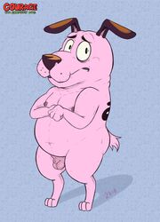 1boy 2018 afraid anthropomorphism background_pattern balls beagle canine cartoon_network courage courage_the_cowardly_dog dog furry furry_only hairy_balls looking_at_viewer male male_only mammal naked navel nipples no_humans nude pecs penis pink_beagle pink_fur pot_belly shadow sheath slightly_chubby small_penis small_tail solo solo_focus spotted_fur standing