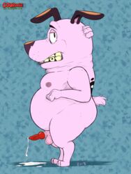 1boy 2018 animal_genitalia animal_penis anthro background_pattern balls beagle canine canine_penis cartoon_network courage courage_the_cowardly_dog cum cum_dripping cum_puddle dog erect_nipples erection furry furry_only hairy_balls looking_at_viewer male male_only mammal naked navel nipples no_humans nude pecs penis pink_beagle pink_fur pot_belly shadow sheath slightly_chubby small_penis small_tail solo solo_focus spotted_fur standing_position