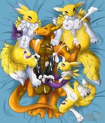 abs bed big_breasts breasts cum digimon dragon female invalid_tag iron_sunsetscales knot male muscular ni3ls nude paws penis pussy renamon size_difference