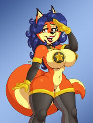 2018 amber_eyes anthro armwear badge big_breasts black_nose blue_hair breasts canine carmelita_fox clothing collar daxzor ear_piercing eyelashes female fox fur furry furry_only hair hi_res legwear lipstick long_hair looking_at_viewer makeup mammal mole_(marking) navel open_mouth piercing pussy signature sly_cooper_(series) smooth_fur solo tail thick_thighs video_games wide_hips