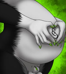 2018 5_fingers animal_genitalia anthro balls belly big_belly black_fur canine canine_genitalia claws fox fur green_background grey_fur hybrid male male_only male_pregnancy mammal mephitid penis pregnant sheath simple_background skunk sweetvixsin ventusthesox white_fur