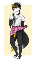 2018 anthro bigusista black_nose canine clothed clothing erection fur hair looking_at_viewer male mammal multicolored_fur penis school_uniform shirt simple_background skirt smile solo standing uniform white_background white_fur zadde