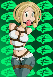 1girls alternate_breast_size arms_behind_back arms_tied ball_gag belly blonde_hair bondage breast_harness crop_top crotch_rope deviantart drool_on_breasts drooling eye_contact female female_only femsub gag gagged green_background green_eyes human legs_tied legs_together looking_at_viewer midriff navel nintendo pants pokemon pokemon_xy raya100 rope saliva shirt short_hair solo standing viola_(pokemon) wet wide_hips