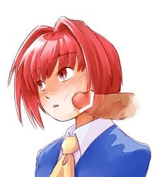 blush censored character_request cheek_poking female hinokara_(backfire02) necktie penis penis_on_cheek poking pon!_to_kimaira red_hair short_hair simple_background solo_focus white_background yellow_neckwear