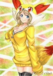 1girls blue_eyes breasts cleavage clothed cosplay female_only fennekin_(cosplay) highres human human_only nintendo pokemon pokemon_(cosplay) pokemon_xy serena_(pokemon) sketch solo solo_female takecha text watermark