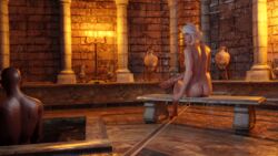 1boy 1girls 3d ass barefoot cd_projekt_red ciri dark-skinned_male green_eyes looking_at_partner niodreth scar sitting sweat the_witcher_(series) the_witcher_3:_wild_hunt white_hair