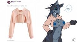 2018 anthro black_sclera blue_eyes blue_nipples bottomless breasts clothed clothing cutoff_hoodie dialogue drawyourfursona english_text fangs female furball furball_(character) hand_on_hip hoodie kaisura meme mostly_nude navel nipples pink_hoodie pink_sweater pussy simple_background solo text twitter_hoodie white_background