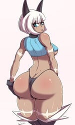 1girls ass blue_eyes breasts cat_ears clothed dat_ass erect_nipples female female_only hips huge_ass kobioh looking_at_viewer looking_back nadia_fortune no_bra open_mouth panties scars shirt short_hair sideboob skullgirls solo tail thick_thighs thighs underboob wide_hips