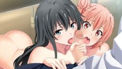 black_hair blowjob blue_eyes braid censored completely_nude double_fellatio fellatio ffm_threesome grabbing_penis handjob kneeling long_hair my_teen_romantic_comedy_snafu naked nude red_eyes red_hair threesome tongue tongue_out yuigahama_yui yukinoshita_yukino