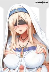 1boy blindfold blonde_hair blush breasts censored erect_nipples erect_nipples_under_clothes female ginhaha goblin_slayer large_breasts mosaic_censoring paizuri patreon_username penis sword_maiden_(goblin_slayer)