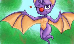 bat cheek_tuft female fur heart laylee looking_at_viewer mammal nsfy_(artist) nude one_eye_closed purple_eyes purple_fur red_nose smile solo thick_thighs tuft winged_arms wings wink yooka-laylee