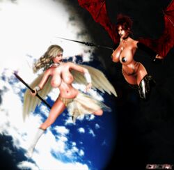 2girls 3d angel angel_wings bare_shoulders batwings big_breasts black_gloves black_nails blonde_hair boots bottomless bracelet brown_eyes busty cdcnk choker cleavage clouds corruption curled_hair curly_hair curvy demon demon_girl demon_wings detached_sleeves detailed_background devil duo elbow_gloves erect_nipple erect_nipples eyelashes feathered_wings female female_only fight fingerless_gloves flying front_view gray_eyes half-dressed half_dressed halo holding_object hourglass_figure humanoid lipstick long_breasts long_hair looking_down lucy_deavo makeup membranous_wings multiple_females multiple_girls nail_polish nipple_covers no_bra no_panties open_mouth outdoor outside pasties platinum_blonde_hair red_hair red_lips red_lipstick red_wings shiny shiny_skin short_hair sideboob sky sleeves_past_wrists space spear spreading subtle_pussy succubus thigh_highs thin_waist tiara topless valkyrie vambraces vampire voluptuous wasp_waist weapon white_boots wide_hips wings yellow_hair zabrianna