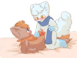 2boys alolan_vulpix animal_genitalia animal_penis anthro anthro_on_anthro bed bedding blanket blue_eyes blue_fur blush brown_eyes brown_fur canine_penis drooling duo erection frottage fur furry gay hi_res knot lying male male_only navel nintendo on_back on_top open_mouth original_character penis penises_touching pokemon pokemon_(species) pokemon_rgby pokemon_sm saliva scarf simple_background takehkun testicles video_games vulpix white_fur yaoi