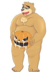 2018 anthro bear belly brown_fur cum eyewear food fruit fur glasses halloween holidays humanoid_hands male male_only mammal moobs nipples overweight overweight_male panthera7uncia pumpkin simple_background solo tokyo_afterschool_summoners volos white_background