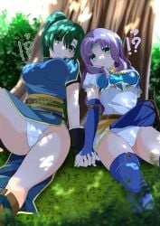 !? 2girls against_tree aqua_eyes armor bare_arms bare_legs bare_thighs blush boots breasts clothes_lift elbow_gloves female female_only fingerless_gloves fire_emblem fire_emblem:_the_blazing_blade florina_(fire_emblem) gloves green_eyes green_hair headband holding_hands kisaragi_setsu_(mssk8485) large_breasts legs long_hair looking_at_viewer lyn_(fire_emblem) medium_breasts multiple_girls nintendo open_mouth outdoors panties pelvic_curtain pelvic_curtain_lift ponytail purple_hair shocked short_sleeves sitting skirt_lift sleeping stick thick_thighs thigh_boots thighs tree tree_branch underwear upskirt very_long_hair waking_up white_panties yuri