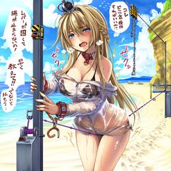 beach bikini black_bikini blonde_hair blue_eyes blue_sky blush bound bound_wrists braid breasts breath cleavage collar crown cuffs dress eyebrows_visible_through_hair female french_braid hair_between_eyes handcuffs heavy_breathing highres jewelry kantai_collection long_hair long_sleeves looking_at_viewer mini_crown monikano necklace nipple_bulge ocean off-shoulder_dress off_shoulder open_mouth pussy_juice pussy_juice_drip sand see-through side-tie_bikini sky solo swimsuit thighs translation_check trembling warspite_(kantai_collection) wet wet_clothes