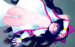 arm_up armpits black_hair blush breasts brown_eyes female fingerless_gloves gloves gluteal_fold hand_on_own_head japanese_clothes long_hair lying nakoruru navel nipples no_bra on_back open_clothes open_shirt pussy ribbon samurai_shodown shirt skirt skirt_pull small_breasts snk solo tekuteku_(yuuhodou) white_gloves white_shirt