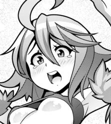 curly_hair cute embarrassed erotibot harpy medium_hair monochrome monster_musume_no_iru_nichijou mouth_open nipple_bulge papi_(monster_musume) short_hair small_breasts tearing_up top underboob