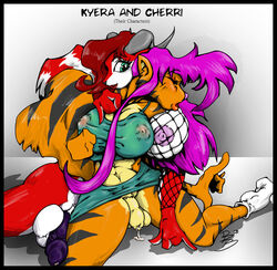 anthro anthro_on_anthro balls big_breasts bottomless breasts canine cherrie clothed clothing dickgirl dragon duo feline fox horn humanoid_penis hybrid intersex kyera lips mammal nipples penis popabear precum simple_background tiger uncut what white_background