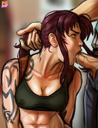 1boy 1girls 5_fingers abs abstract_background arm_tattoo big_penis black_lagoon blowjob breasts brown_eyes brown_hair burgundy_hair cleavage clothed clothed_sex clothes clothing color colored cum_in_mouth domination drool drooling erect_nipples erection eye_contact fellatio female hair hair_grab hi_res holster large_penis long_hair male maledom muscles muscular muscular_female nipple_bulge okajima_rokuro on_side oral oral_penetration oral_sex orange_eyes penis ponytail ponytail_hold pulling_hair pulling_ponytail pumpkinsinclair purple_hair revy round_ears saliva saliva_string saliva_trail seductive_mouth sex straight tank_top tattoo throat_fuck tied_hair tongue_out tribal_tattoo uncensored unseen_male_face vein veins veiny veiny_penis