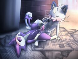 1boy 1girls 2018 3_toes after_sex alolan_meowth anthro anthro_on_feral barbed_penis big_ears black_eyes black_fur blush closed_eyes coin cum cum_on_stomach cumshot dated detailed_background duo ejaculation erection feet feline female feral flat_chest furry grey_fur interspecies male mammal meowth newspaper nintendo no_nipples on_back one_eye_closed open_mouth orgasm outdoors outside pawpads paws penis pokémon_(species) pokemon pokemon_(species) pokemon_bw pokemon_sm public pull_out purple_fur purrloin pussy pussy_juice rymherdier sheath sitting sky spread_legs squirting tail teeth text thick_thighs tongue tongue_out video_games watermark wet whiskers wince