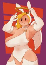 1girls adventure_time angel angel_wings armpits big_breasts blonde_hair blush breasts cartoon_network cleavage clothing dabble female female_only fionna_the_human_girl halloween huge_breasts human muscular open_mouth slightly_chubby standing thick_thighs thighhighs voluptuous wide_hips