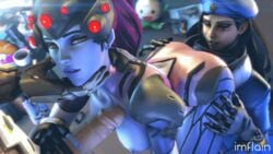 1boy 1male 2girls 3d ana_amari animated areola ass ass_worship beret big_ass bisexual bisexual_(female) blue_skin breasts_out captain_amari exposed_breasts female genji gif handjob headgear imflain large_ass large_penis male nipples overwatch thick_ass threesome voluptuous widowmaker yuri