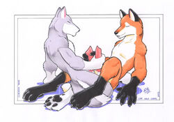 2002 2boys animal_genitalia animal_penis anthro anthro_on_anthro canine canine_penis duo erection fox furry furry_only handjob loupgarou male male_only mammal mutual_masturbation no_humans nude penis wolf yaoi