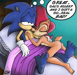 after_sex anthro ass bed bedding big_eyes big_head blanket breasts brown_fur ccn chadthecartoonnut chipmunk cuddling duo featureless_breasts female fur hedgehog humor lying male mammal nude on_bed rodent sally_acorn sleeping sonic_(series) sonic_the_hedgehog straight toony