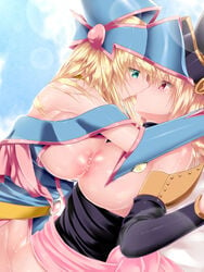 2girls aqua_eyes areolae blonde_hair breast_press breasts calcio dark_magician_girl detached_sleeves duel_monster eye_contact french_kiss gagaga_girl hat highres kissing large_breasts long_hair looking_at_another multiple_girls nipples red_eyes symmetrical_docking witch_hat yu-gi-oh! yu-gi-oh_zexal yuri