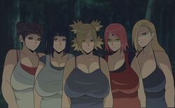 5girls alternate_breast_size arms bare_arms bare_shoulders big_breasts black_hair blonde_hair blue_eyes boruto:_naruto_next_generations breasts brown_hair clavicle cleavage clothed earrings female female_only green_eyes half-closed_eyes huge_breasts human hyuuga_hinata indrockz indy_riquez ino_yamanaka large_breasts long_hair looking_at_viewer naruto outdoors pregnant sakura_haruno shirt shoulders source_request tank_top temari tenten