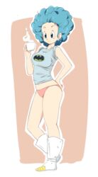 1girls afro bat_symbol batman_(series) blue_eyes blue_hair boots bulma_(afro) bulma_briefs caisama coffee coffee_mug dc dragon_ball dragon_ball_z female panties pink_panties shounen_jump solo