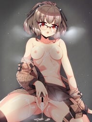 after_sex after_vaginal ags-30_(girls_frontline) bar_censor breasts brown_hair censored cum cum_in_pussy cum_inside cum_on_body cum_on_breasts female girls'_frontline glasses heavy_breathing highres looking_at_viewer military_jacket navel ponytail pussy red_eyes ripe.c simple_background sitting skirt small_breasts spread_legs spread_pussy spreading_pussy