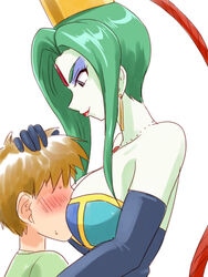 1girls arm_gloves atsugessho between_breasts big_breasts bishoujo_senshi_sailor_moon black_moon blue_eyes blush blushing breast_smother breasts cleavage clothing droids earrings faceless_male female forehead_jewel gloves green_hair hand_on_another's_head hand_on_head head_between_breasts humanoid jewelry large_breasts makeup male monster_of_the_day necklace purple_bonus rape shingo_tsukino shorter_male smile sweatdrop villainess white_skin younger_male