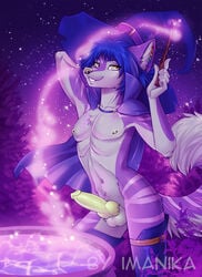 2018 5_fingers anthro balls blue_hair canine detailed_background green_eyes hair imanika knot male male_only mammal midriff navel night nude outside penis smile solo