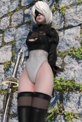 3d android blender blindfold female nier:_automata snow_kitsune solo stocking white_hair xnalara yorha_2b