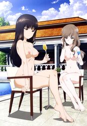 10s 2girls absurdres bare_shoulders barefoot black_hair blush breasts brown_eyes brown_hair chair champagne_flute cleavage cloud cocktail_glass completely_nude crossed_legs cup day drink drinking_glass feet full_body girls_und_panzer highres holding holding_cup long_hair looking_at_viewer mature_female medium_breasts milf multiple_girls navel nipples nishizumi_shiho nude nude_filter plant poolside shimada_chiyo sitting sky smile third-party_edit tile_floor tiles toes tree wang_guo_nian water