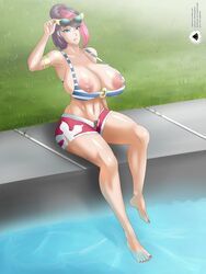 alternate_costume areolae breasts casemon female female_only fiora_laurent huge_breasts league_of_legends looking_at_viewer nipples pool_party_fiora pool_party_series pubic_hair solo sunglasses_on_head