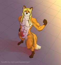 2018 animal_genitalia balls canine erection fox fur hair looking_at_viewer lupelongo male male_only mammal muscular muscular_male nipples nude outside penis simple_background smile solo