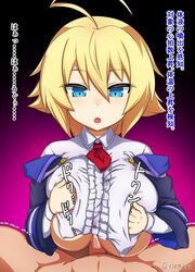 1boy artist_name blazblue blonde_hair blue_eyes breasts cum cum_on_body cum_on_breasts cum_on_upper_body es_(xblaze) female hair_between_eyes heart isemagu large_breasts long_sleeves looking_at_viewer paizuri short_hair solo_focus straight uniform xblaze