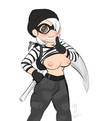 alternate_costume big_breasts blush blushing breasts brown_eyes brunette cap criminal flashing flashing_breasts fortnite hat looking_at_viewer mask masked masked_female quiet_gesture ramirez_(fortnite) rapscallion_(fortnite) scythe shirt shirt_lift shirt_up short_hair tagme thief white_hair